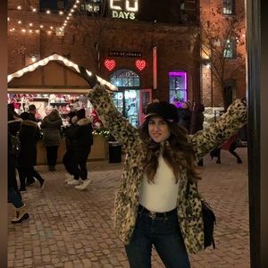 HM hooded faux fur jacket leopard print